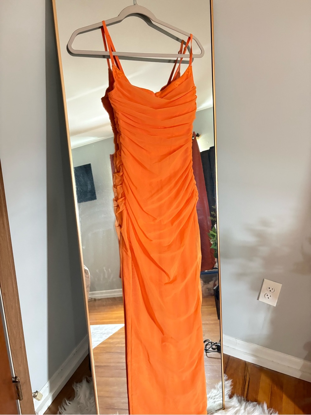 White Fox Boutique Vibrant Orange Ruched Strapless Gown